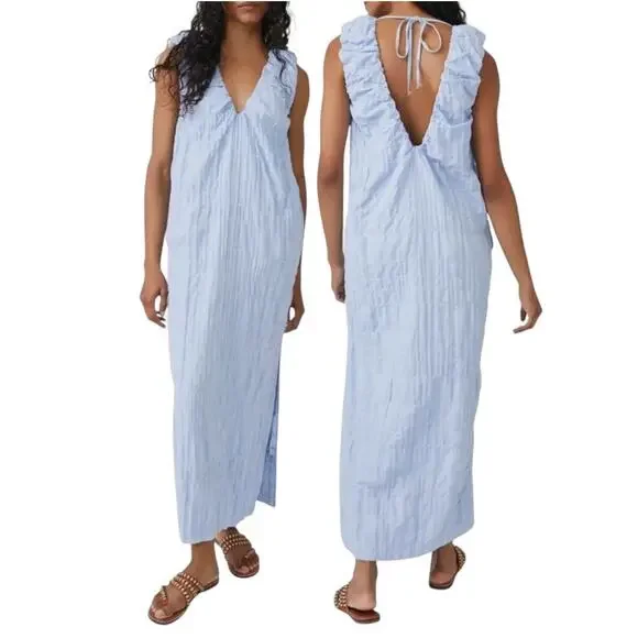 Free People Dress Agatha Midi Blue Long Oversize Boho Textured Lagenlook Medium - Picture 2 of 11